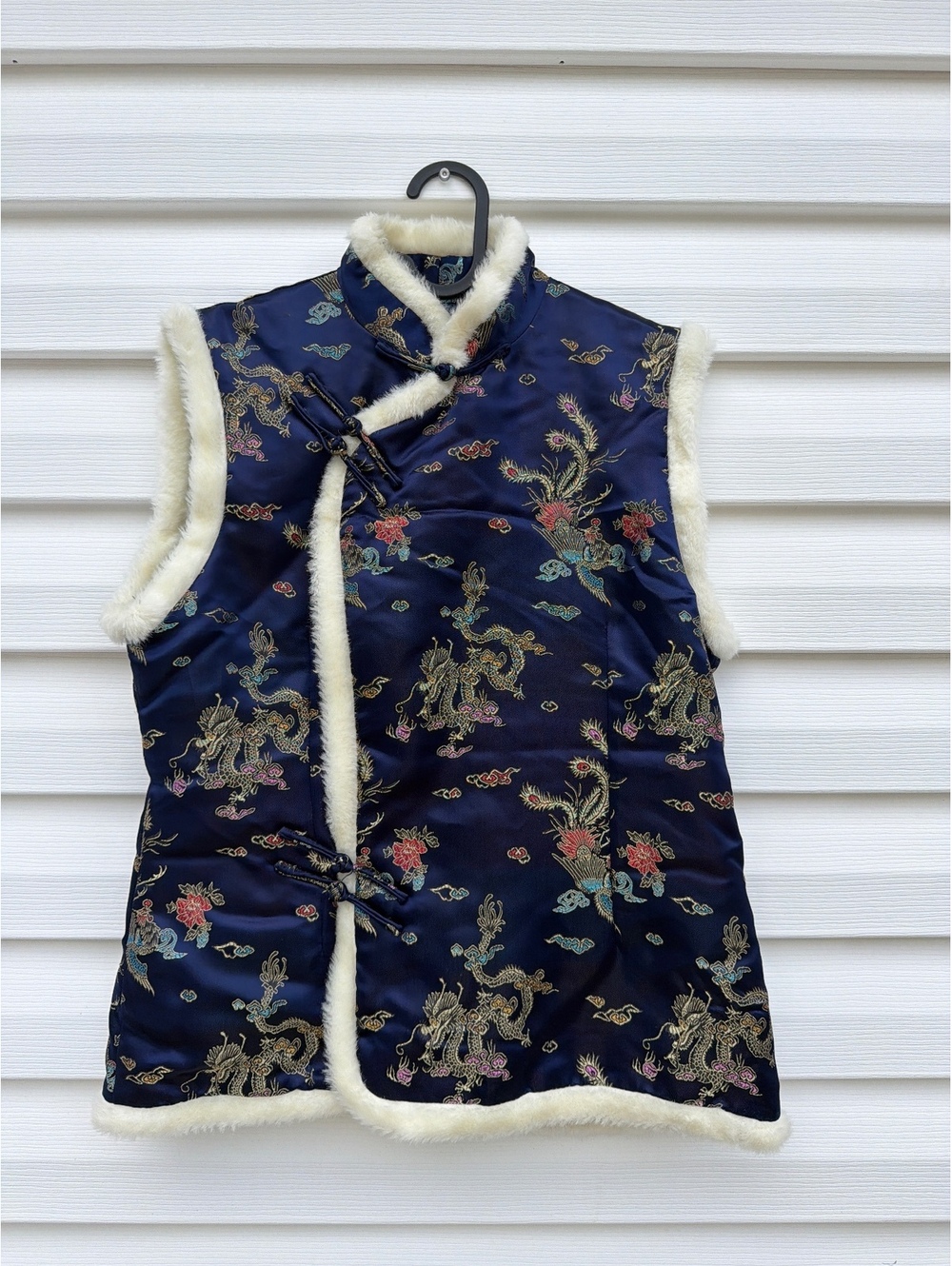 Plum Blossom Women's XL Navy Chinese Dragon Brocade Faux Fur Trim Vest - Picture 1 of 6